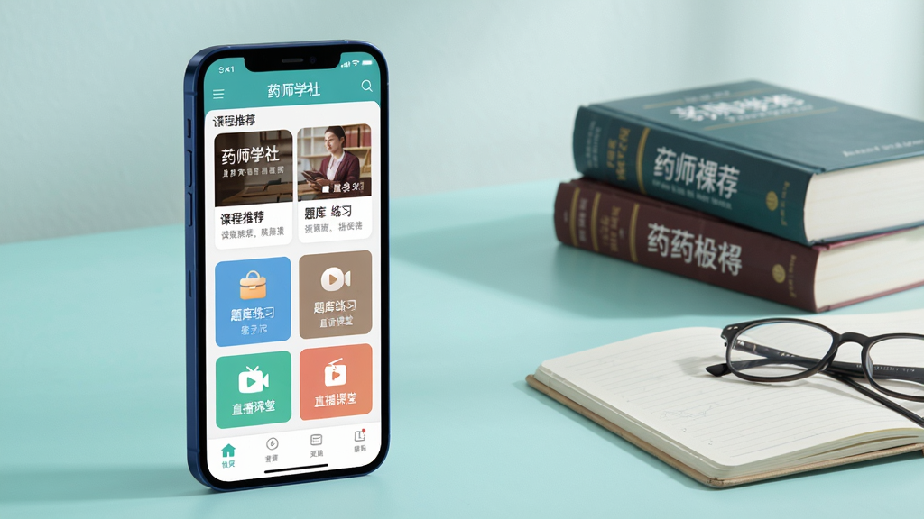 药师学社手机APP主界面展示,画面中央偏左位置竖立一部深蓝色边框智能手机,屏幕清晰显示药师学社学习软件首页,包含课程推荐、题库练习、直播课堂等功能图标模块,右侧背景为浅青色渐变书桌场景,桌面摆放药典书籍、笔记本与眼镜,柔和自然光照,高清产品渲染风格,构图干净细节丰富