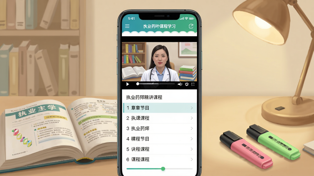药师学社软件课程学习页面界面,手机竖屏居中展示,屏幕内正在播放执业药师精讲课程视频,下方排列章节目录与课程进度条,背景为淡米色书房环境,桌面上摊开药学教材和彩色荧光笔,温暖台灯光线,写实数字插画风格,画面清晰明亮