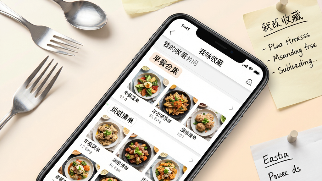 一张手机收藏夹功能示意图,画面主体坐标为斜置的智能手机,屏幕展示知味社区我的收藏页面,分组列表包含早餐合集、年夜饭菜单、烘焙清单等标签与美食缩略图;背景区域为浅色渐变桌面,点缀叉勺餐具与手写菜单便签,风格简约清新,高清产品图
