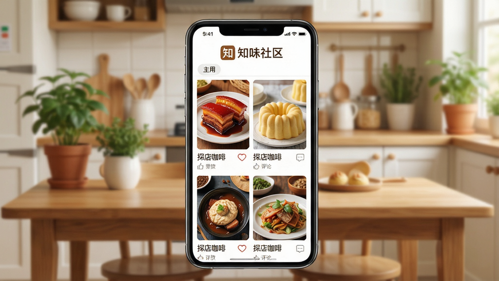 一张手机应用产品宣传图,画面中央坐标位置竖立一部智能手机,屏幕中展示知味社区App主界面,顶部清晰呈现知味社区标志字样,屏幕内排列红烧肉、戚风蛋糕、探店咖啡等美食图文卡片与点赞评论图标;背景区域为虚化的暖色调家庭厨房,木质餐桌、绿植与柔和自然光,整体风格清新明亮,细节丰富,高清质感
