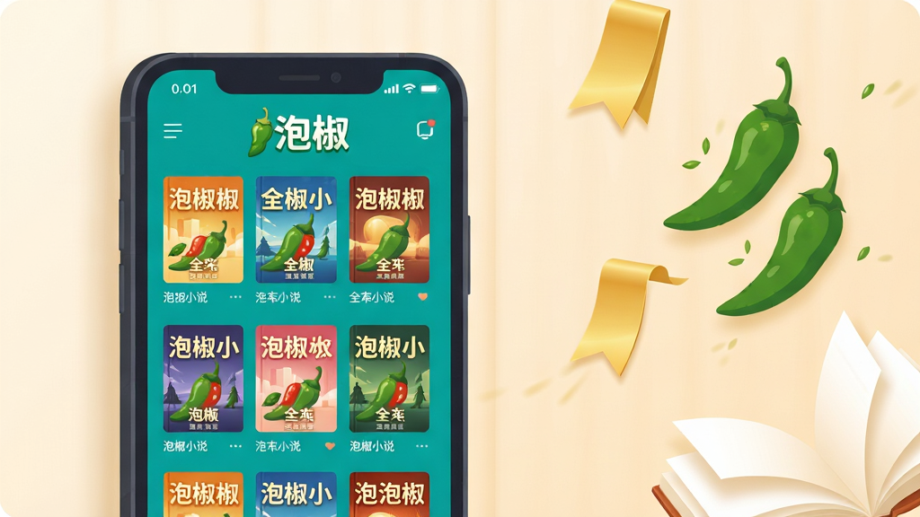 ��ƽ�廭����ֻ�Ӧ������ͼ����������Ϊһ̨��ջ�ɫ�����ֻ���λ�ڻ�������ƫ������(0.38,0.52)λ�ã��ֻ���Ļչʾ�ݽ�С˵APP������ɫ��ܽ��棬���������Ŷ౾��ɫȫ��С˵���棬��Ļ�������ݽ������ֵ���ɫlogo����������Ϊ����(0,0)��(1,1)��ǳ�׻�ɫ��ͽ���ǽ�棬�����Ҳ�����(0.78,0.32)����׺���Ŵ������ε��ݽ���ʵ��Ʈ���Ľ�ɫ��ǩͼ�꣬���½�ɢ�伸Ƭ��������ҳ����Ӱ��ͣ�ɫ������������ϸ�ڷḻ