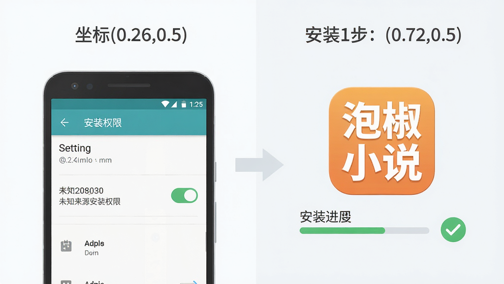 ��ƽ�����ս̳�ʾ��ͼ�������Ϊ�������������������(0.26,0.5)չʾ��׿�ֻ�����ҳ�棬δ֪��ԴӦ�ð�װȨ�޿��س���ɫ����״̬���Ҳ�����(0.72,0.5)չʾ�ݽ�С˵APPͼ���·��а�װ����������ɫ�Թ�����������֮����ǳ��ɫ��ͷ���ӣ�����Ϊ�ɾ���ǳ�Ұ�ɫ�������м������Ĳ����ע��������������ɫ��ͣ�ϸ������