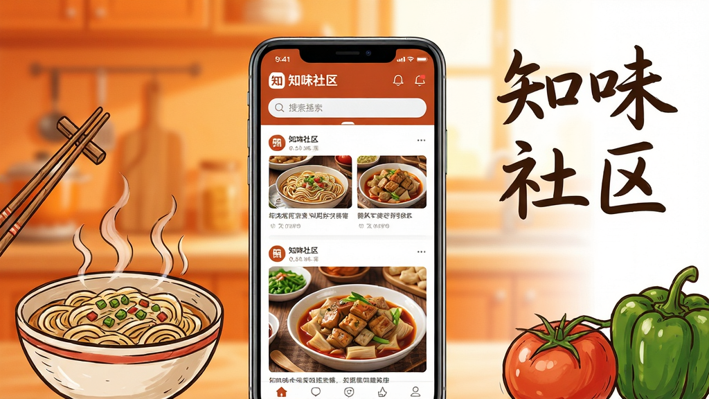 写实风格手机应用展示图,画面主体为一部竖立的智能手机,位于画面中央坐标(0.5,0.45)位置,屏幕中清晰展示知味社区APP界面,顶部是知味社区标志与搜索栏,中间为瀑布流式美食动态卡片和家常菜实拍照片,手机四周环绕热气腾腾的面碗、筷子、番茄与青椒等手绘食材元素,背景为暖橙色虚化的温馨厨房场景,右上角留白区域点缀知味社区四个手写体大字,整体色调温暖明亮,高清细节丰富