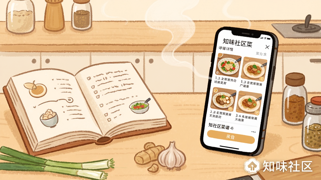 温馨手绘风格插画,画面左侧坐标(0.3,0.5)处是一本摊开的食谱,右侧坐标(0.7,0.45)处是一部竖立手机显示知味社区菜谱详情页,屏幕中有分步骤的做菜图片和文字说明,两者之间飘着香气线条,桌面上散落着葱姜蒜和调料瓶,背景为浅木色厨房台面,右下角有知味社区水印文字,整体氛围温暖治愈