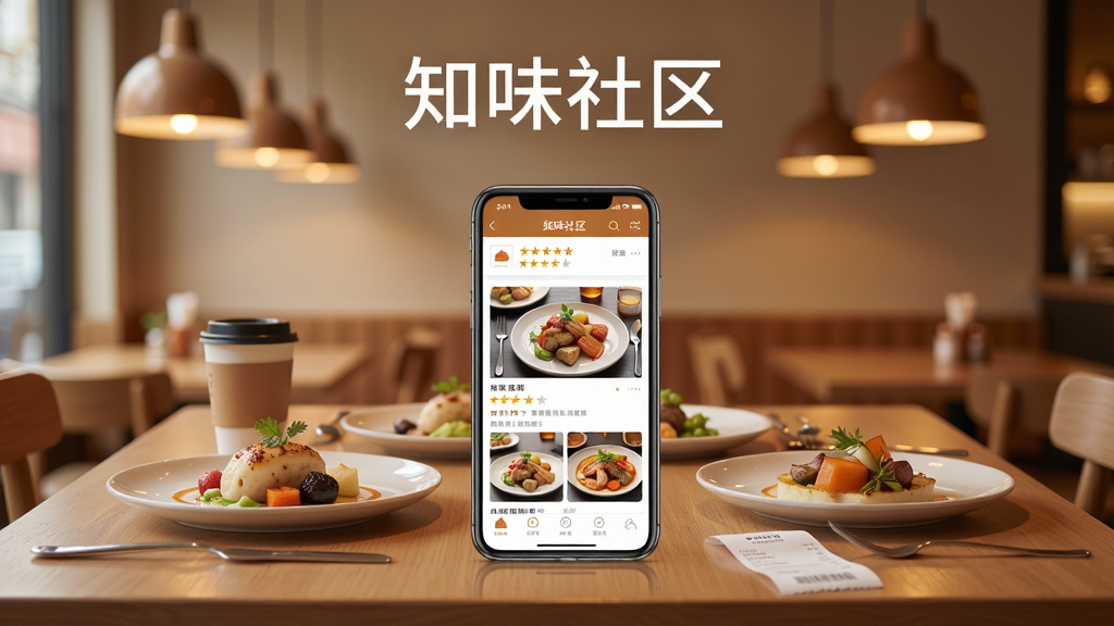 现代简约风格场景图,画面主体坐标(0.5,0.42)处是一张木质餐桌,桌上摆着三份精致餐点,中间立着一部手机正在展示知味社区的店铺点评页面,页面有五星评分和菜品照片,餐桌旁放着咖啡杯和小票,背景是虚化的餐厅暖光吊灯,画面顶部悬浮知味社区文字,色调为奶油色与焦糖色搭配,质感细腻真实