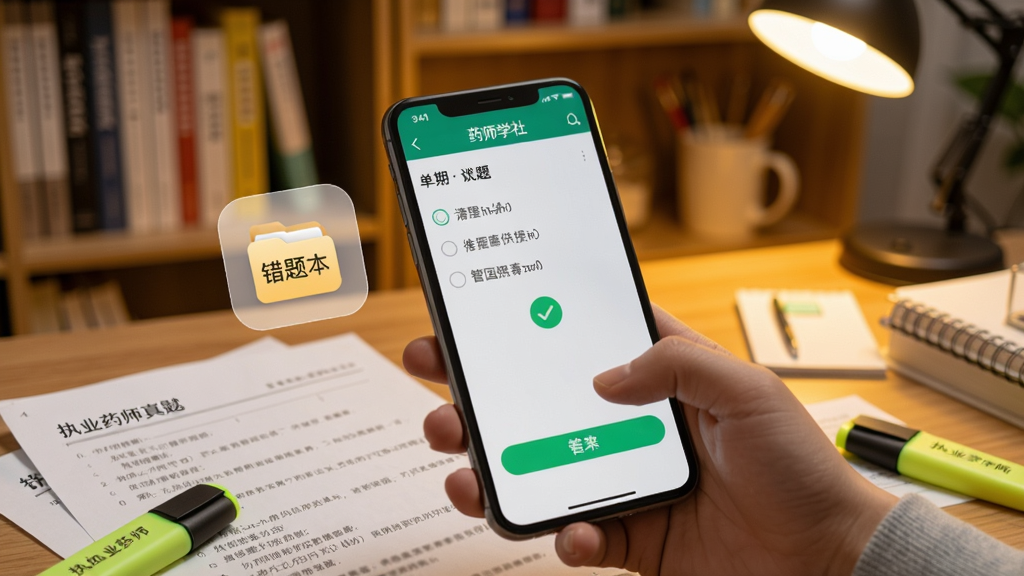 写实近景画面,一只手握着手机使用“药师学社”APP刷题,屏幕显示单选题界面与绿色对勾判分效果,旁边浮起错题本收纳图标,桌面散落执业药师真题试卷与荧光笔,背景虚化为暖黄色灯光书房,突出智能刷题与错题整理功能