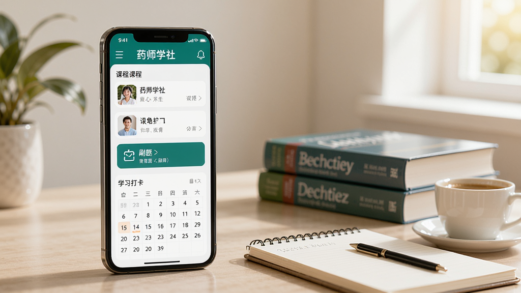 画面中央偏左位置竖立一部智能手机,屏幕中清晰展示“药师学社”APP主界面,包含课程列表、刷题入口与学习打卡日历,界面为白色底配青绿色点缀,手机右侧背景为虚化的浅米色书房,桌面摆放药学教材、笔记本与一杯咖啡,柔和自然光从右上方照入,高清写实产品场景图,突出专业安静的学习氛围