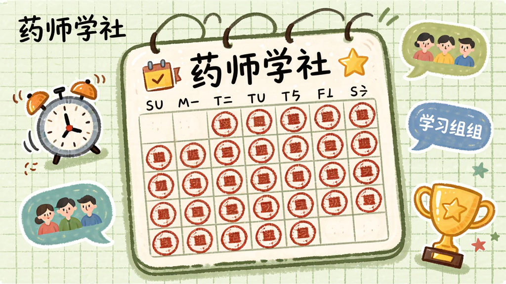 清新手绘插画,画面中心为“药师学社”打卡日历界面,日历上盖满连续学习的红色印章,周围环绕闹钟提醒、学习小组聊天气泡与奖杯图标,背景为浅绿色网格纸质感,左上角印有“药师学社”logo文字,传达坚持学习与陪伴督学的氛围