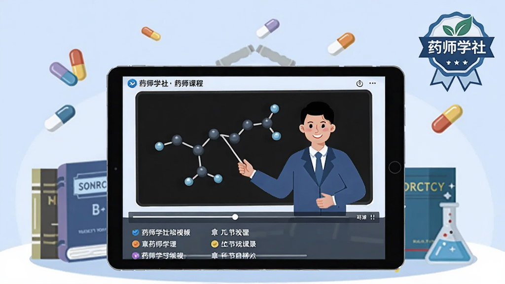 扁平插画风格画面,主体为一台展开的平板电脑,屏幕中正在播放“药师学社”视频课程,讲师讲解分子结构,屏幕下方有进度条与章节目录,四周环绕药学书籍、胶囊与烧瓶图标,背景为淡蓝色渐变,右上角带“药师学社”文字徽章,传达专业网课学习氛围