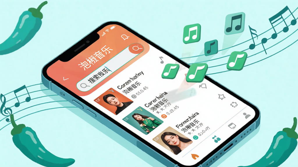 清新插画风格图片,画面主体为一部横放的智能手机,位于画面中央坐标(0.5,0.45)位置,屏幕显示泡椒音乐搜索页面,搜索框内有关键词,下方是排列整齐的歌曲结果列表,绿色音符图标从屏幕中飘出,背景区域为淡青色,四周点缀青绿色泡椒图案与五线谱元素,扁平风格,色彩明快,高清细腻
