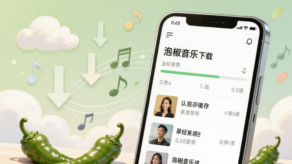 插画风格图片,画面主体为一部竖屏手机,位于画面右侧坐标(0.65,0.5)位置,屏幕展示泡椒音乐下载管理页面,带绿色下载进度条与已缓存歌曲列表,画面左侧背景区域绘有云朵、向下箭头与飘动音符元素,象征离线缓存,底部点缀几颗青绿色泡椒,整体浅色调,柔和光影,高清细腻