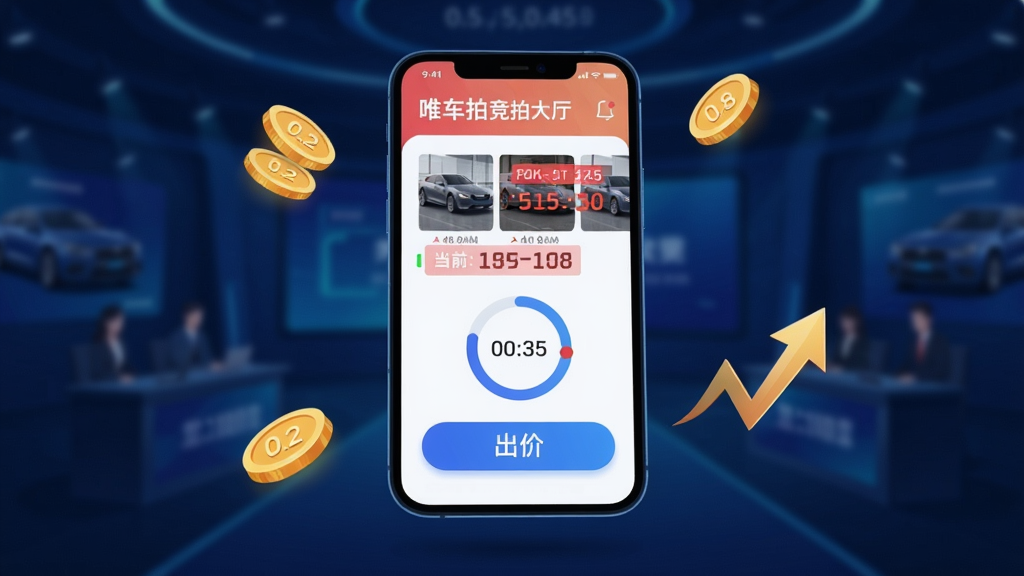 唯车拍竞拍大厅界面场景图,画面主体为一块悬浮的智能手机屏幕特写位于坐标(0.5,0.45),屏幕中显示唯车拍竞拍大厅,包含车辆缩略图、跳动的红色当前价格数字、倒计时圆环与蓝色出价按钮,屏幕周围坐标(0.2,0.75)和(0.8,0.7)点缀几枚金币与上升箭头元素,背景为深蓝渐变的科技感拍卖大厅虚化场景,氛围紧张而有序,高清UI插画风格