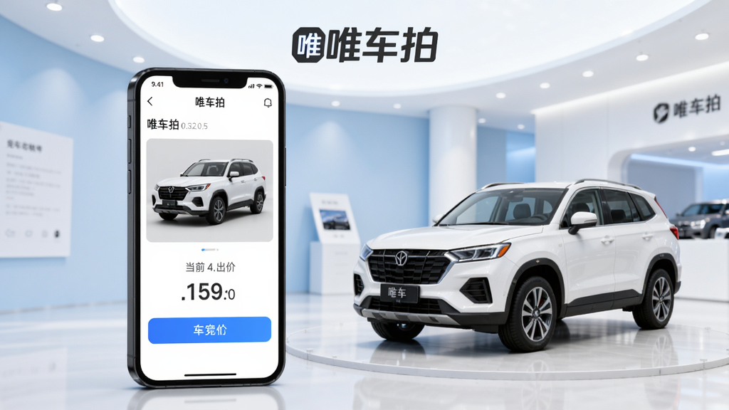 唯车拍二手车竞拍软件宣传图,画面中央偏左坐标(0.32,0.5)处竖立一台深空灰智能手机,屏幕亮起显示唯车拍APP竞拍界面,界面内有白色SUV车辆照片、当前出价数字与蓝色出价按钮,手机右侧坐标(0.7,0.55)区域停放一辆真实白色SUV汽车,背景为浅蓝到白色的现代汽车展厅,画面上方居中位置有唯车拍品牌文字标识,整体高清产品渲染风格,光线柔和明亮