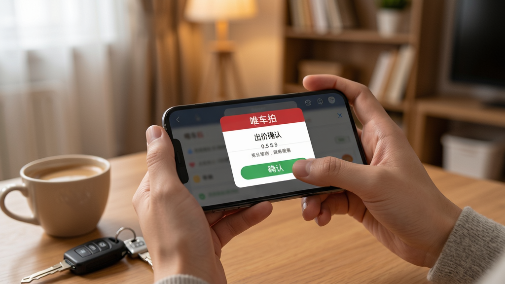 新手使用唯车拍手机竞拍操作场景图,画面中央坐标(0.5,0.5)一双年轻的手横向握持智能手机,屏幕显示唯车拍出价确认弹窗,拇指正悬停在确认出价按钮上方,桌面坐标(0.15,0.72)放着一杯咖啡和车钥匙,背景为温馨的居家书房环境,浅景深,真实生活摄影风格