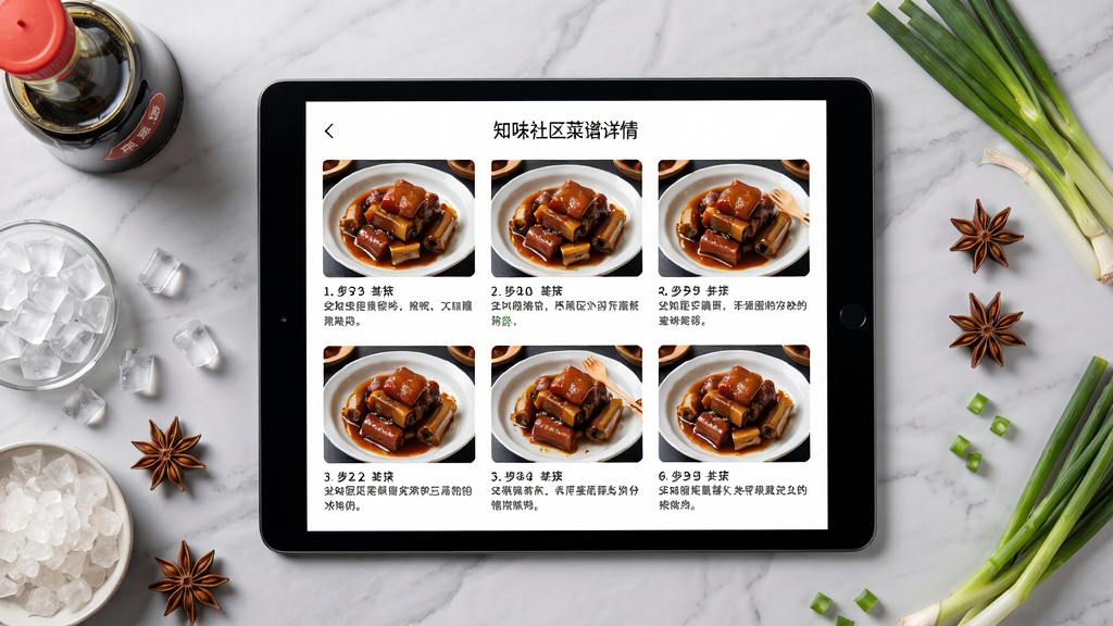 知味社区菜谱详情页面展示图,画面主体为一台平放的平板电脑位于画面中央,屏幕中显示一道红烧排骨的分步骤图文菜谱,每个步骤配有实拍操作照片与文字说明,背景区域为浅灰色大理石厨房台面,台面四周点缀酱油瓶、冰糖、八角与葱段等调料食材,俯拍视角,柔和自然光线,高清写实风格,色调干净清爽