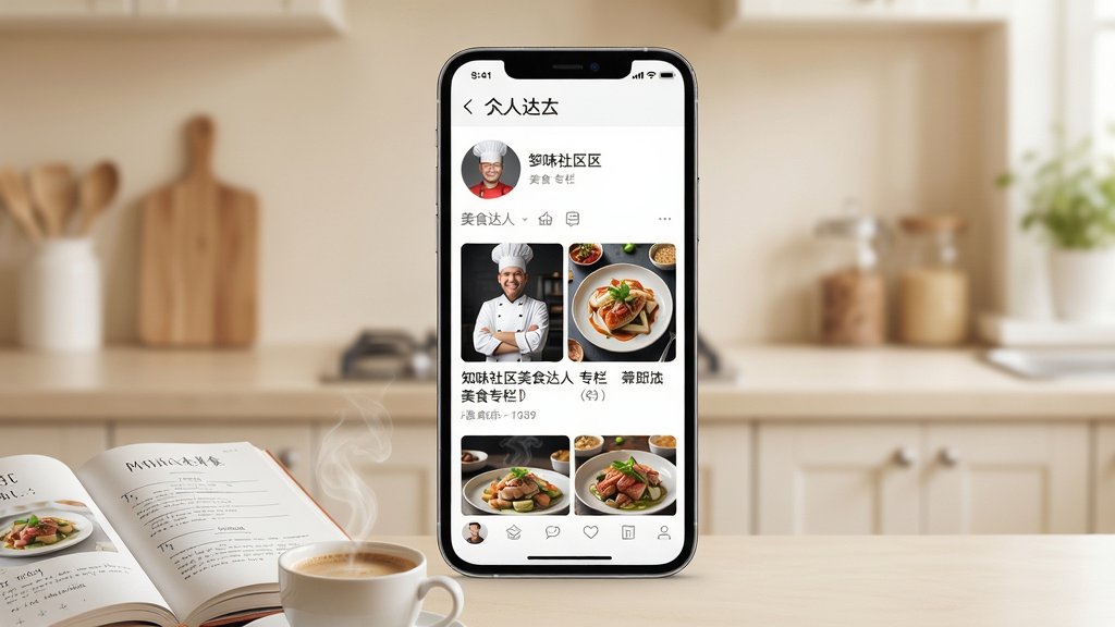 知味社区美食达人专栏页面图,画面主体为一部手机屏幕位于画面中央偏上,屏幕中展示达人个人主页与美食专栏文章列表,配有厨师头像与精致菜品封面图,背景区域为浅米色虚化厨房环境,画面左下角摆放一本翻开的纸质食谱与一杯热咖啡,柔和自然光,高清界面展示风格,排版清新舒适