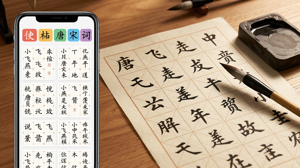 小飞燕字帖模板库功能展示图,画面左侧为一部手机屏幕,屏幕上整齐排列着多张字帖模板缩略图,顶部有楷书行书唐诗宋词的彩色分类标签,画面右侧背景铺开一张写满楷体黑字的米字格宣纸字帖,一支毛笔斜放在砚台旁边,暖色调木质书桌场景,柔和侧光照射,写实风格,细节清晰