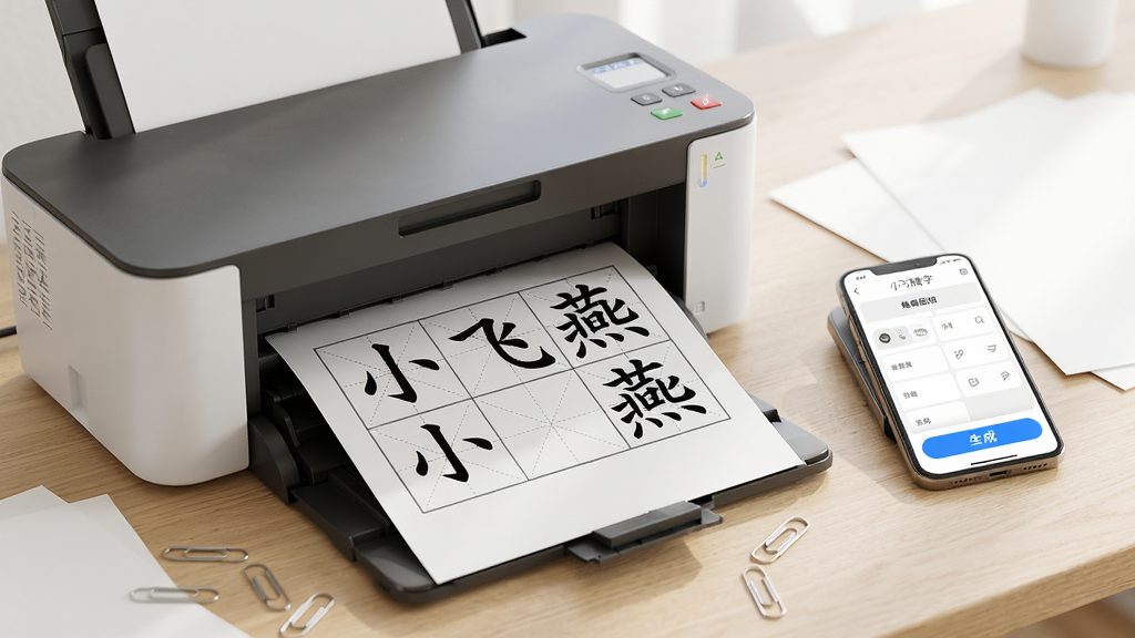 小飞燕字帖自定义生成与打印场景图,画面主体为一台正在输出A4田字格字帖的打印机,纸张上是刚生成的黑色楷体文字,旁边摆放一部手机,屏幕显示小飞燕字帖编辑界面与蓝色生成按钮,桌面散落回形针与空白纸张,浅木色桌面,明亮柔和的室内光线,写实摄影风格,高清细节