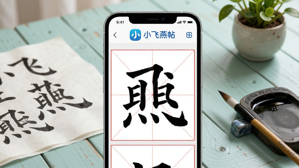 小飞燕字帖手机应用宣传图,画面主体居中放置一部竖屏智能手机,屏幕中显示田字格练字界面,红色格线内是黑色楷体描红范字,界面顶部带有小飞燕字帖软件名称标志,背景为浅青色木质书桌,桌面铺开宣纸并摆放毛笔、砚台与小盆绿植,柔和自然光线,写实摄影风格,高清细节