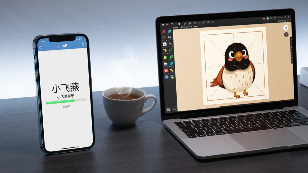 小飞燕字帖多设备使用场景图,画面左侧一部智能手机正在显示小飞燕字帖应用安装进度条界面,右侧一台笔记本电脑屏幕运行安卓模拟器并显示同款田字格练字界面,深灰色木纹桌面上放置一杯热茶,冷白环境光与暖色屏幕光形成对比,写实风格,高清细节