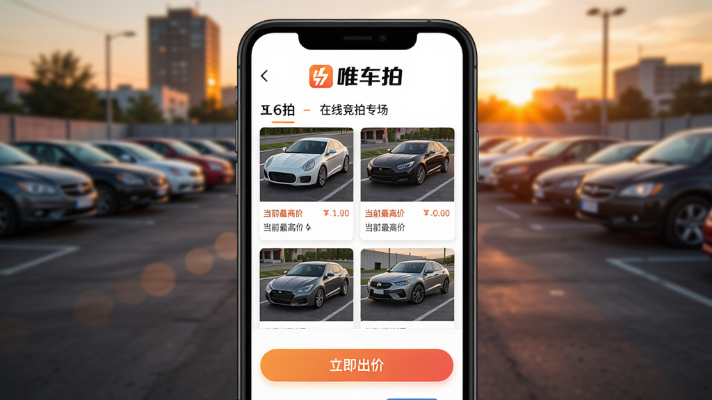 唯车拍APP在线竞拍专场页面特写,手机屏幕占据画面主体坐标x50%y48%,屏幕内展示多辆待拍车辆缩略图、当前最高价与立即出价按钮,顶部带有唯车拍品牌标识,背景为虚化的城市露天停车场与暖色夕阳光斑,写实数字插画风格,色彩明快