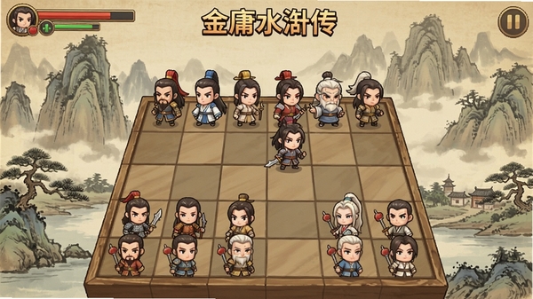 金庸水浒传游戏截图,展示战棋战斗界面,背景为武侠山水画风,人物头像采用Q版风格,棋盘格子清晰可见,整体色彩温暖怀旧
