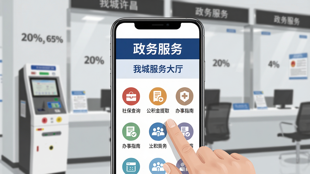 画面主体为一部竖立智能手机位于构图中心坐标(50%,45%),屏幕显示“我城许昌”政务服务大厅页面,顶部深蓝横幅写有“政务服务”四个字,下方整齐排列社保查询、公积金提取、办事指南等圆形图标,一只手指正轻点社保图标;背景为浅灰色政务大厅虚化场景,排号机与办事窗口轮廓位于画面后方坐标(20%,60%)区域,整体光线明亮柔和,写实与扁平插画结合风格