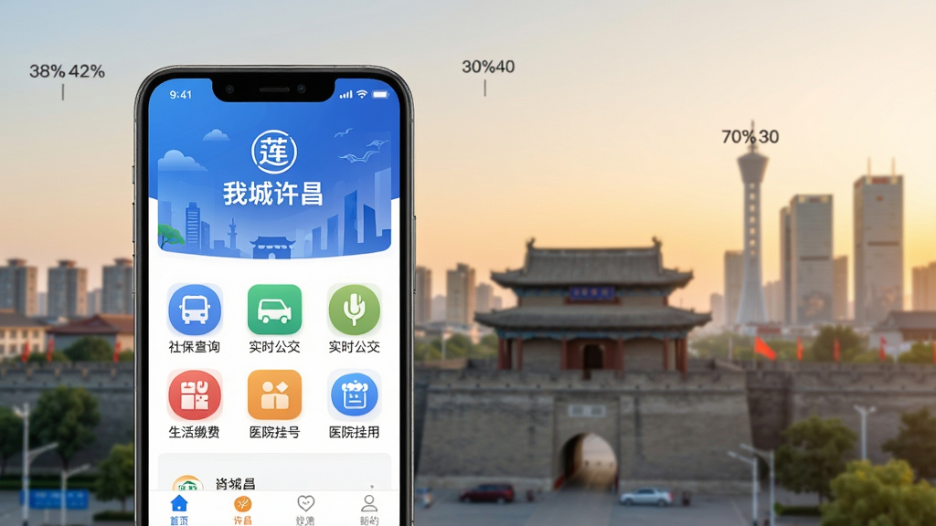竖屏智能手机正面特写位于画面中央偏左坐标(38%,42%)位置,屏幕中展示“我城许昌”应用主界面,顶部为蓝色城市横幅与莲城图标,中部整齐排列社保查询、实时公交、生活缴费、医院挂号等圆角功能图标,底部导航栏清晰可见;背景为虚化的许昌城市天际线,远景坐标(70%,30%)区域是曹魏古城城门楼与现代高楼交错的轮廓,天空呈清晨淡金色渐变,光线柔和通透,高清产品宣传写实风格