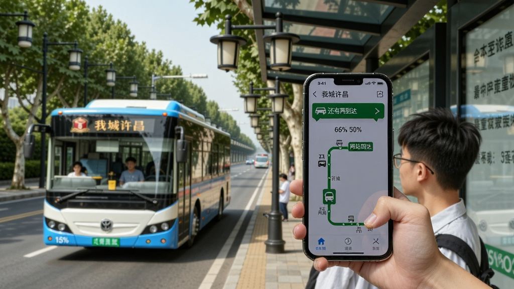 城市公交站台场景,主体为站台上举着手机的年轻乘客位于画面右侧坐标(66%,50%),手机屏幕特写放大显示“我城许昌”实时公交页面,绿色线路图上标注车辆还有两站到达;背景中一辆蓝白色公交车正从左侧坐标(18%,55%)区域缓缓驶来,道路两侧梧桐树与曹魏风格仿古路灯排列有序,白天晴朗光线,写实摄影高清风格