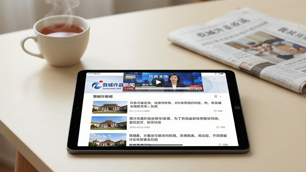 我城许昌APP资讯频道界面展示图,画面主体为一台平放的平板电脑位于画面中央坐标处,屏幕呈现我城许昌新闻频道页面,顶部为视频直播窗口正在播放许昌本地新闻画面,下方为多条带缩略图的图文资讯列表,背景区域为浅米色桌面搭配一杯热茶与一份报纸的虚化生活场景,柔和自然光照,写实摄影风格,高清细节
