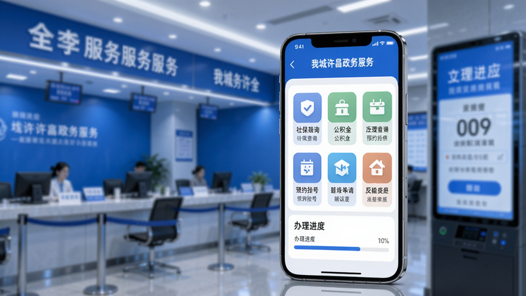 我城许昌APP政务办事模块界面宣传图,画面主体为一部智能手机竖立于画面中央偏右坐标位置,屏幕展示我城许昌政务服务页面,包含社保查询、公积金、预约挂号等办事图标网格与办理进度条,背景区域为虚化的政务服务大厅蓝色调场景与排队叫号屏幕光影,整体干净明亮,商务科技风格,高清产品渲染图