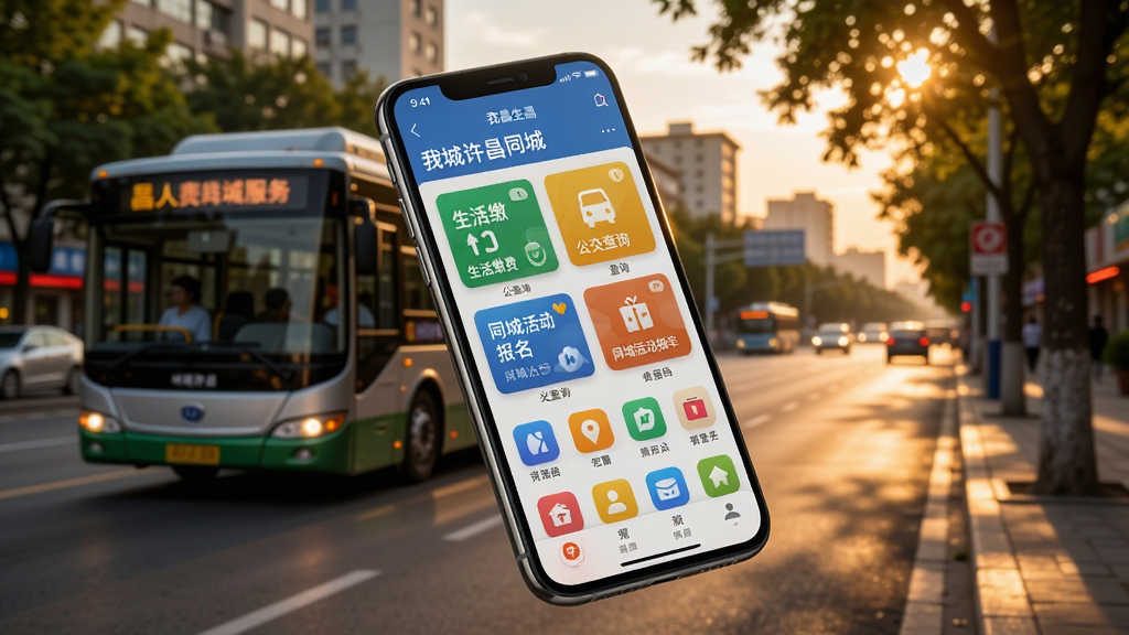 我城许昌APP同城生活服务板块界面展示图,画面主体为一部智能手机斜置于画面中央坐标处,屏幕显示我城许昌同城页面,包含生活缴费、公交查询、同城活动报名卡片与彩色功能图标,背景区域为虚化的许昌城市街景,有公交车驶过与行道树斑驳光影,暖黄色傍晚色调,清新明快的写实风格,高清