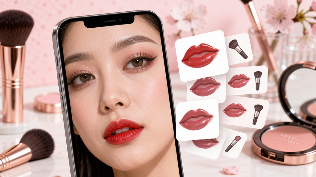 You Makeup��ױ��ױ�ֻ�Ӧ������ͼ����������Ϊһ�����������ֻ�λ�ڻ�������ƫ������(35%,50%)������Ļ����ʾһλ��������Ů�Ե��沿��д���촽Ϳ������ɫ�ں졢��ױ�������壬��Ļ�Ҳ�����(70%,40%)���������Ŷ��Ų�ɫ�ں�ɫ�ſ�Ƭ�뻯ױˢͼ�꣬��������Ϊ��͵�ӣ���۽����黯��ױ����̨��ɢ����õ���ױˢ��۱��У�����������ʱ�У������Ȼ�⣬�����Ʒ��Ⱦͼ