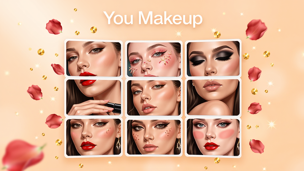 You Makeupױ���زĿ�չʾ�������ͼ����������Ϊչ���ľŹ���ױ�ݿ�Ƭǽλ�ڻ�����������(50%,50%)������Ƭ�зֱ��Ǻ촽ױ���һ�ױ��ŷ����Ѭױ�Ȳ�ͬ����Ů���沿��д����Ƭ���ܻ���Ʈɢ��õ�廨�����ɫ��Ƭ������Ϊǳ��ɫ��⽥�䣬��������You MakeupƷ�ư�ɫ�������������������£���Ʒ���廭��Ⱦ