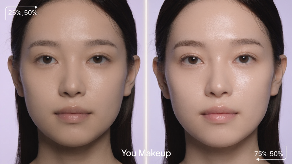You Makeup��������ǰ��Ա�Ч��ͼ������������ҷ������֣��������(25%,50%)��Ϊ����״̬��Ů���沿��д���Ҳ�����(75%,50%)��Ϊͬ�ǶȾ��޺�Ƥ��ϸ���й����Ч�����м��Է������߷ָ�������Ϊ�ɾ��ĵ���ɫ��Ӱ����ⱳ�����ײ����д���You Makeup���ֱ�ʶ��дʵ��Ӱ���Ƥ���ʸ������ɼ�