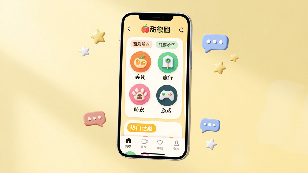 �����ֻ�������д����Ļ��չʾ��ȦAPP��Ȧ�ӹ㳡ҳ�棬����Ϊ������Ȧ��־��ҳ��������������ʳ�����С��ȳ衢��Ϸ�Ȳ�ɫԲ��Ȧ��ͼ�������Ż����ǩ���������������죬ǳ��ɫ��������Բ�ǿ�Ƭ���ֻ�����������(50%,50%)�������룬��Χɢ��������Ի����ݵ�׺����͹�Ӱ�������Ʒ��Ⱦͼ���