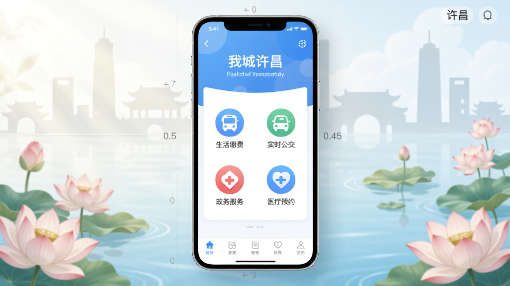 竖版智能手机应用界面展示图,屏幕上显示名为我城许昌的智慧城市生活APP,首页采用清新的蓝白配色,排列着生活缴费、实时公交、政务服务、医疗预约等圆形功能图标,主体手机悬浮于画面中央坐标(0.5,0.45)位置,背景为淡色许昌城市建筑剪影与莲花水系元素分布在画面上半部及左右两侧,柔和自然光效,细腻质感,高清