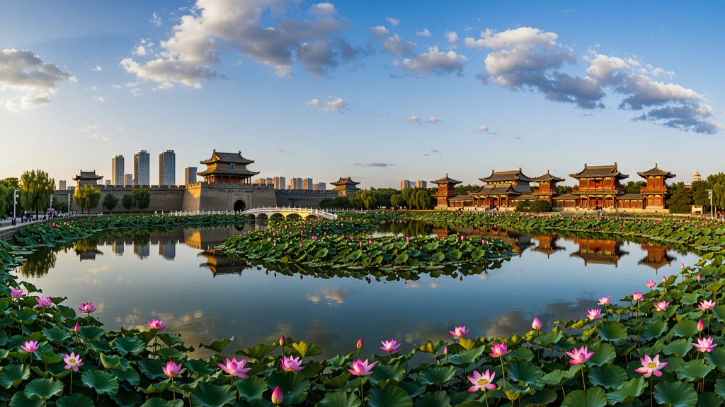 中国城市风光宽幅全景,许昌莲花湖水系蜿蜒穿城而过,湖面盛开粉色荷花,远处可见曹魏古城城门楼与仿古建筑群,背景隐约可见现代高楼,蓝天白云,温暖午后光线,真实摄影风格,高清