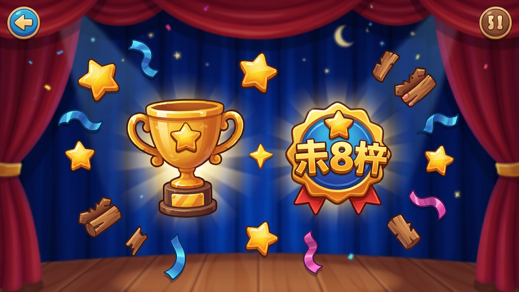 ��Ϸ������ľż����������棬���濨ͨUI��񣬻�������(350,300)��(670,560)����Ϊ��ɫ�����������屶���£���Χɢ���������ľż��Ƭ�ʴ�������Ϊ����ɫҹ����̨Ļ������Χϲ�����֣���ɫ������Ŀ����Ʒ����Ϸ���㻭��