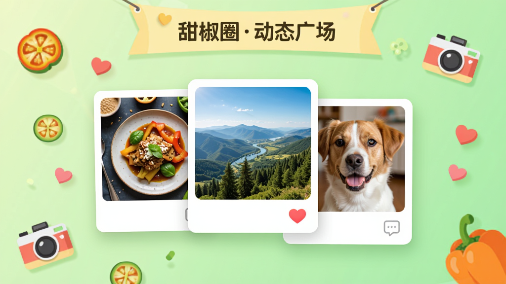 ��ȦAPP��̬�㳡����չʾͼ,��������Ϊ����������(ˮƽ����50%����ֱ����45%)�����Ŵ�����ŵ��罻��̬��Ƭ,��Ƭ�ں���ʳ������Ƭ�����з羰���������д,ÿ�ſ�Ƭ���½Ǵ��к��ĵ��ް�ť����������;��Ƭ�Ϸ�(���涥������)Ϊǳ��ɫ���,ӡ����Ȧ��̬�㳡����;����Ϊ���µĵ���ɫ����(������������),ɢ����������Ƭ����������ĵȱ�ƽ�廭Ԫ��,�������õ�UI��Ʒ��,ϸ���Ӱ,������Ⱦ