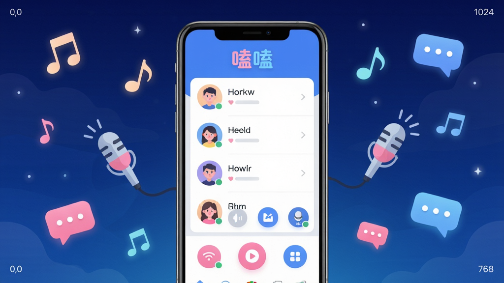 嗑嗑app软件核心全貌展示图,画面主体为一部竖屏智能手机,位于画面中央坐标(512,400)区域,屏幕中显示嗑嗑语音社交应用主界面,包含语音派对房间列表、圆形用户头像、粉蓝配色的功能图标,界面顶部有嗑嗑两个汉字标志,背景区域为坐标(0,0)至(1024,768)的深蓝色夜空渐变,漂浮着发光音符、麦克风和聊天气泡元素,高清扁平插画风格,色彩明亮柔和,细节丰富