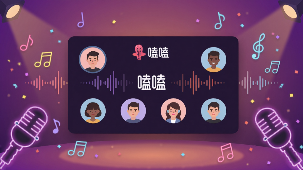 嗑嗑语音派对房功能界面展示图,画面主体为悬浮在中央坐标(512,380)的语音房间卡片,卡片上排列八个圆形麦位头像、跳动的声波纹路和嗑嗑汉字标志,背景坐标(0,0)至(1024,768)为暖紫色渐变舞台灯光效果,点缀霓虹麦克风与音符粒子,扁平化UI设计风格,高清细节