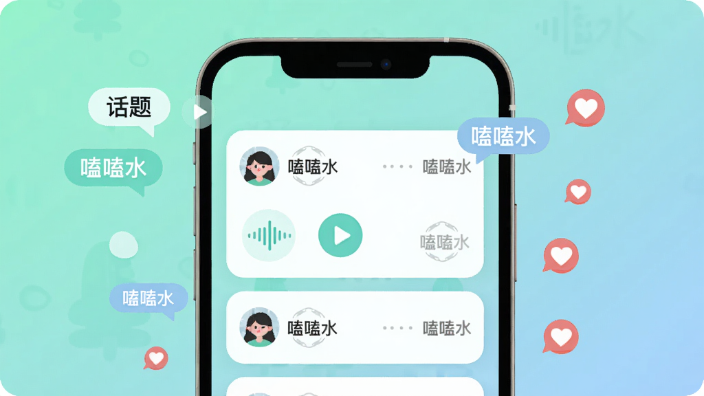 嗑嗑兴趣圈子动态广场界面展示图,画面主体为坐标(512,400)的手机信息流卡片墙,卡片内含语音波形播放按钮、用户头像和嗑嗑水印,背景坐标(0,0)至(1024,768)为薄荷绿到淡蓝的清新渐变,漂浮话题标签气泡和点赞图标,扁平插画风格,画面明亮通透