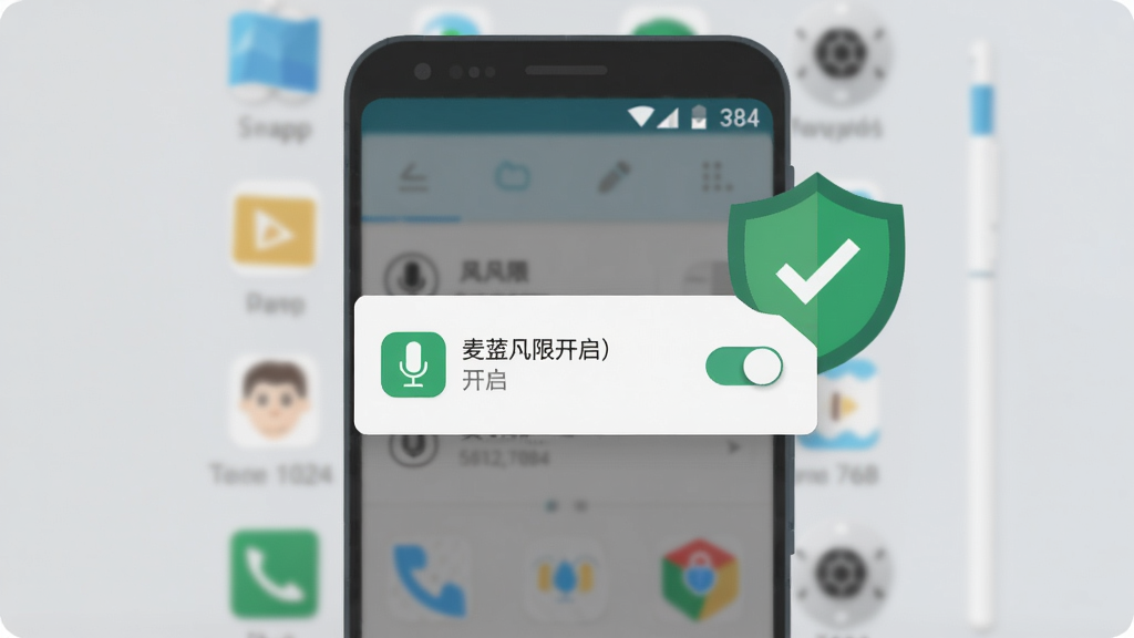 嗑嗑app安装与权限设置教程示意图,画面主体为坐标(512,384)的安卓系统权限弹窗界面,显示麦克风权限开启开关和嗑嗑应用图标,背景坐标(0,0)至(1024,768)为浅灰色手机桌面虚化效果,搭配绿色对勾与盾牌安全元素,扁平化教学插画风格,画面简洁清晰