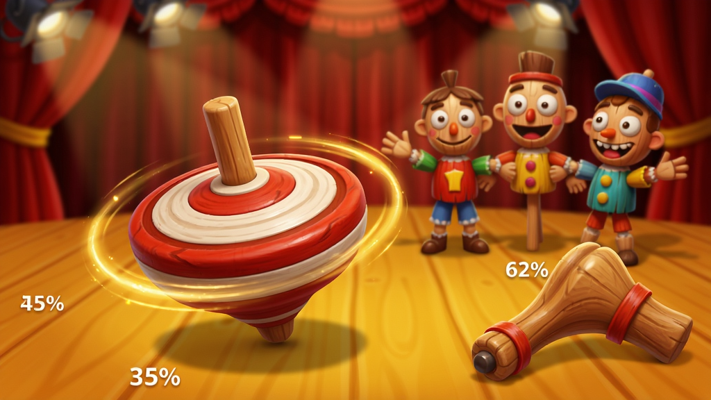 ������ľż��Ϸ���Ӿ����棬��������λ�ڻ�������ƫ������(35%,45%)����һö�������ľ���������ڸ�����ת���ϳ���ɫ��죬����(62%,50%)��վ�����������黬���Ŀ�ͨľż���ӣ����½�����(80%,78%)����һ��ľ�����ݷ���������������Ϊů��ɫ����ľ���������黯�ĺ�ɫ��̨Ļ����������;۹��������3D��ͨ��Ⱦ���ɫ�ʱ��Ͷȸߣ�ľ������ϸ�������������Χ��������