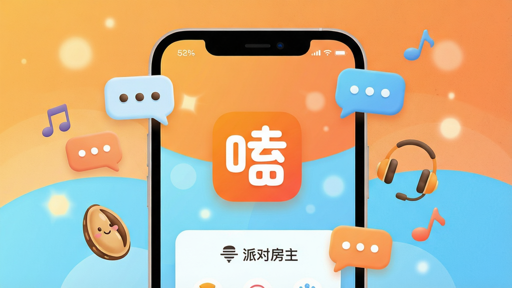 扁平细腻风格移动应用概念宣传插画,画面主体为一台圆角全面屏智能手机,置于画面坐标(58%,52%)处,手机屏幕中清晰展示嗑嗑软件图标与语音派对房主界面,屏幕四周漂浮多个卡通对话气泡、瓜子图案、耳机与音符元素;背景区域上方为暖橙色渐变、下方为明亮浅蓝色,点缀柔和光斑与细腻纹理,整体色调明快温暖,高分辨率,4K画质