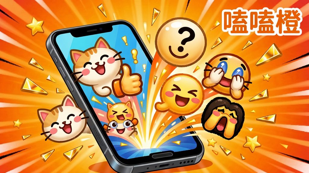 趣味表情包斗图大战插画,画面主体为一台位于坐标(50%,58%)处的智能手机,大量可爱卡通表情从屏幕中呈喷泉状涌出,表情包括笑脸猫、点赞手势、问号脸、捂脸笑等,空中散落金色星星碎片,画面右上角印有嗑嗑橙色字样;背景为明亮橙红色渐变搭配漫画风放射线条,高饱和度色彩,动感十足