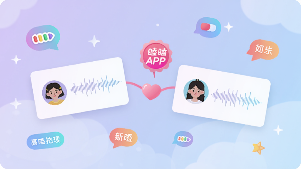 嗑嗑APP声音名片匹配场景图,画面主体坐标(500,512)为两张悬浮的声鉴卡片,卡片上有声波纹路与用户头像,两张卡片之间连出粉色爱心匹配线并弹出嗑嗑logo徽章,背景区域(0,0)至(1024,1024)为浅紫到浅蓝的柔和渐变配漂浮兴趣标签图标,扁平插画风格,清新梦幻