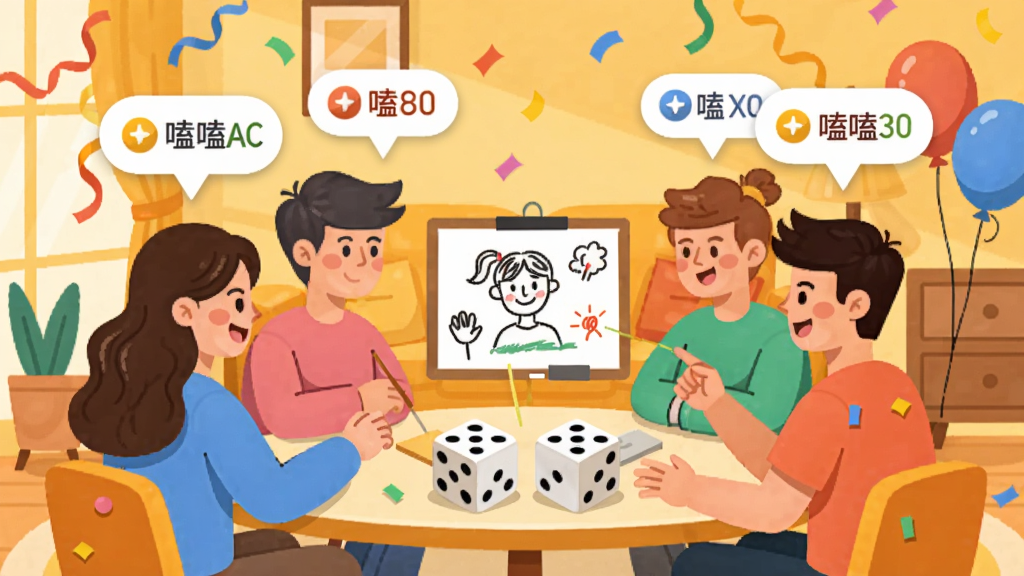 嗑嗑APP派对小游戏场景图,画面主体坐标(512,560)处为四个卡通年轻人围坐玩你画我猜游戏,中间悬浮画板与骰子道具,人物头顶弹出嗑嗑游戏积分气泡,背景区域(0,0)至(1024,1024)为暖黄色客厅聚会场景配彩带与气球,扁平插画风格,活泼欢快,高清