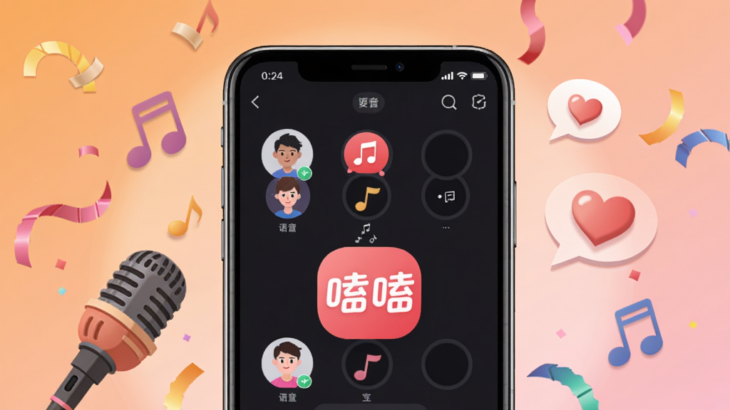 嗑嗑语音社交APP主视觉宣传图,画面主体坐标位于画布中央(512,480)处,一部竖屏智能手机展示嗑嗑软件界面,屏幕上有语音聊天室麦位头像、音符图标与粉色嗑嗑中文logo,手机四周环绕麦克风、音符、爱心气泡与彩色派对拉花元素,背景区域(0,0)至(1024,1024)铺满暖橙色到浅粉色的柔和渐变光晕,扁平插画风格,高清细腻,明亮温馨